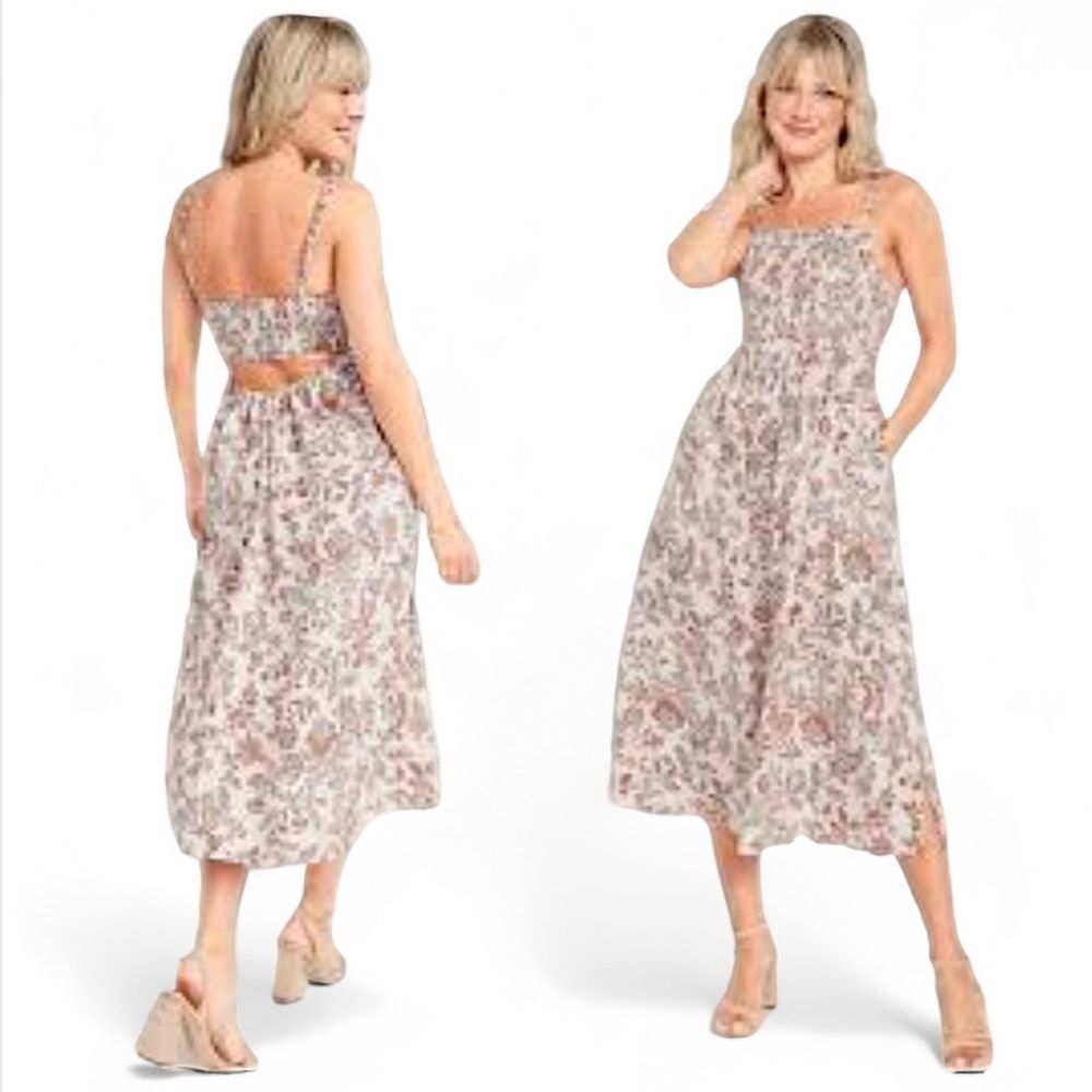 OLD NAVY Cut Out Back Fit & Flare Smocked Cami Midi Dress Paisley Floral Print L